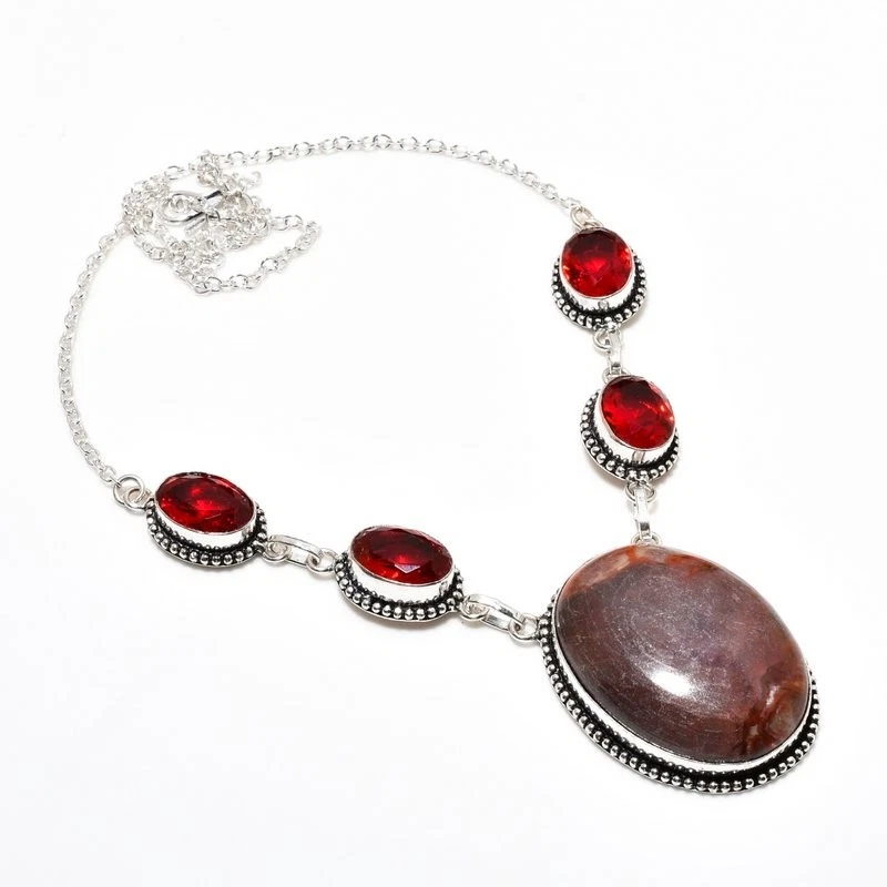 Collar Joyería Chapado en Plata 925 Piedras Preciosas Granate Jaspe Cappuccino 18" Foto 1 de 1