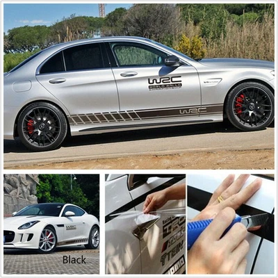 2X Calcomanías de vinilo negras a rayas largas para carrocería de ambos lados para auto deportivo + letras Foto 1 de 4