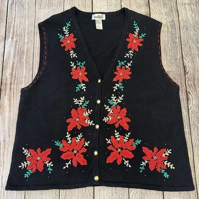 Vintage 90s Black Red Christmas Sweater Vest 3X Embroidered Beaded Cottagecore - Image 1 of 4