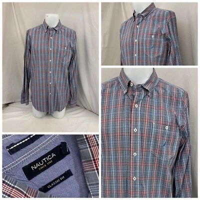 Nautica Dress Shirt Men's Large Button Front Blue Red Plaid Cotton YGI N2-495 - Image 1 of 4