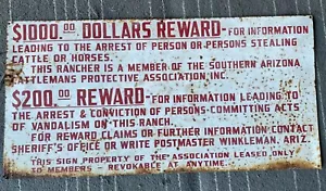Vintage 24" Southern Arizona Cattleman’s Rustic Sign Cattle Horses $1000 Reward - Picture 1 of 10