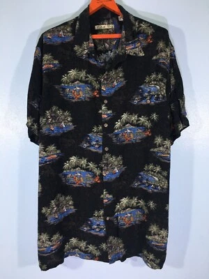 90s Batik Bay Black Hawaii Hawaiian Island Floral Overprint Button Shirt XL - Image 1 of 4