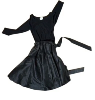 Anthropologie Maeve Black 3/4 Sleeve Fit & Flare Dress w/Satin Waist Tie - Image 1 of 4