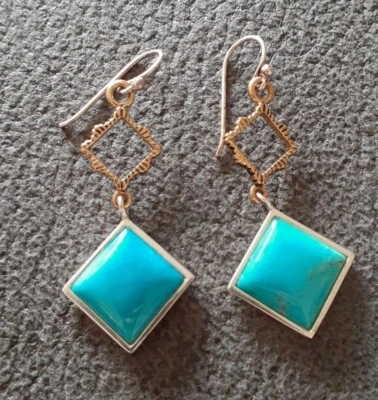 Designer Sterling Silver Bronze accents Turquoise Gemstone Dangle Earrings 925 - Image 1 of 4