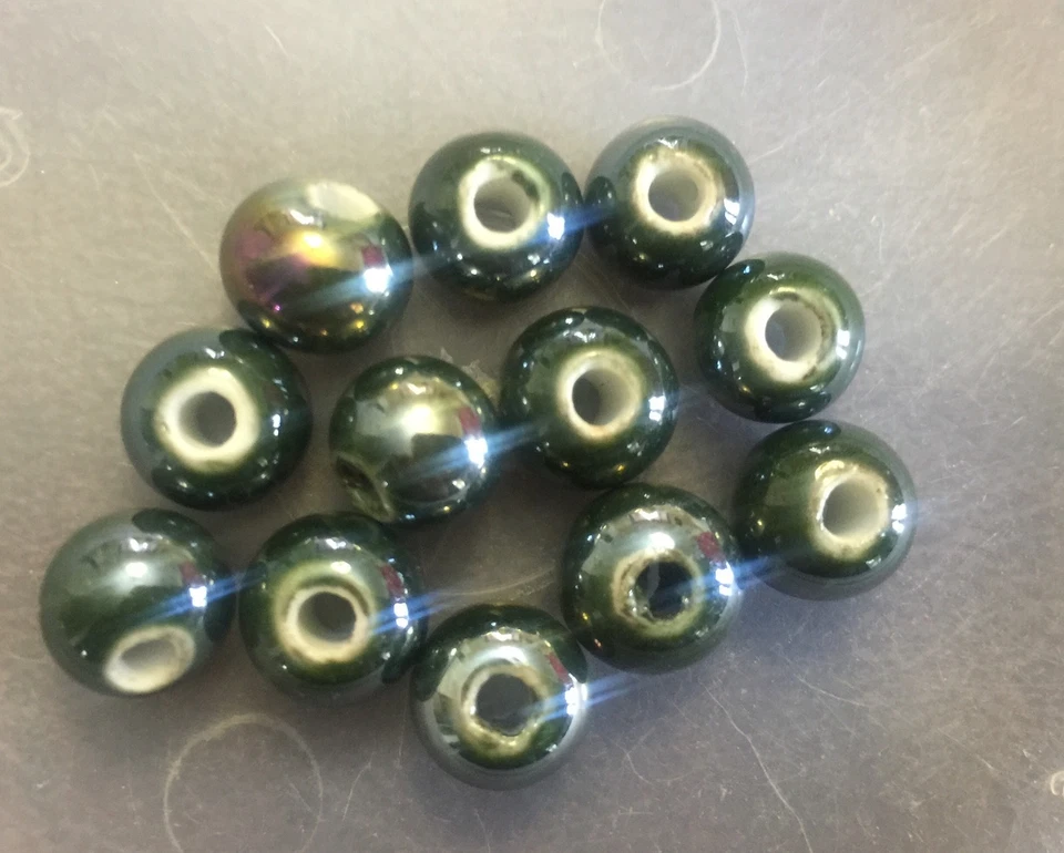 Lote de cuentas Rondell de cerámica esmaltada con brillo de pavo real verde profundo asiático genuino vintage Foto 1 de 4