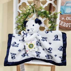 Little Me Navy Blue White Puppy Dog Lovey Security Blanket Satin Back Boys - Picture 1 of 17