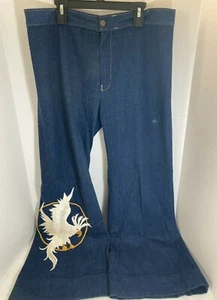 70er Jahre Vintage Hippie ANTONIO GUISEPPE Denim Jeans mit COCKATOO VOGEL Gr. 34 - Bild 1 von 9