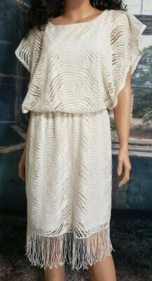 Vestido Blusa Emma Michele Marfil Talla 10 Forrado Flecos Nuevo con Etiquetas Foto 1 de 4