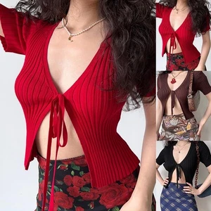 Women Summer Solid Color V Neck Bow Short Sleeve Crop Top Casual T Shirt - Picture 1 of 40