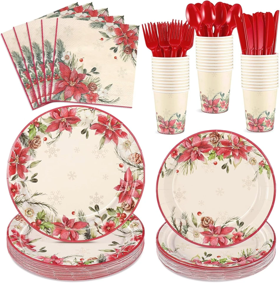 175 peças pratos e guardanapos de papel de Natal, 25 convidados poinsétia vermelho  - Imagem 1 de 4
