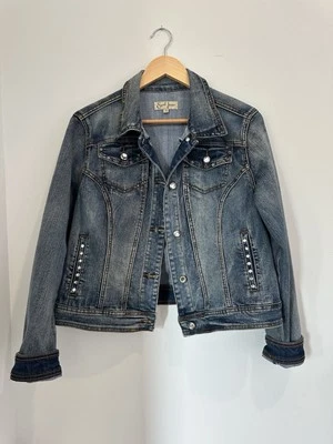 Chaqueta de mezclilla Earl Jean para mujer grande con estrás Jean elástica con botones Foto 1 de 4