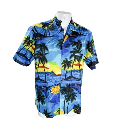 Camisa Hawaiana Royal Creations XL Puesta de Sol Palmeras Flores Ondas Azul Amarillo Foto 1 de 4