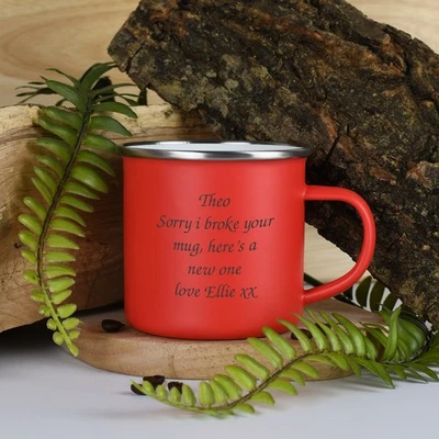 Taza de camping personalizada cualquier mensaje esmalte rojo viaje café lata beber Foto 1 de 4
