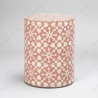Peach Zellige Bone Inlay Side Table | Round Moroccan Drum Accent Sitting Stool - Image 1 of 3