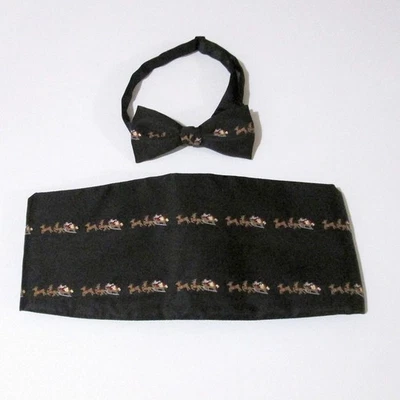 Christmas Black Cummerbund & Bow Tie Set Embroidered Santa Sleigh Reindeer - Image 1 of 4
