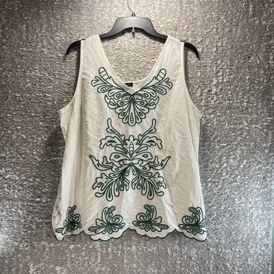 Camiseta sin mangas Talbots bordada lino algodón concha dobladillo festoneado cuello en V XL Preppy Foto 1 de 4