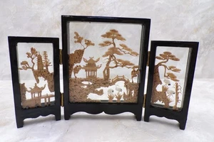 Kork Kunst Diorama dreifach klappbar Tischdekor geschnitzter schwarzer Rahmen asiatisch SanYou 9"x5" - Bild 1 von 4