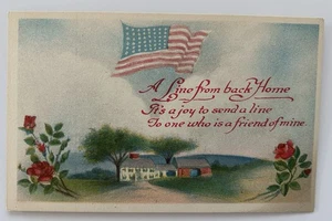 Patriotic Postcard A Line From Back Home Roses & American Flag Series 52 Vintage - Foto 1 di 2