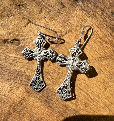 925 Sterling Silver Vintage Gothic Cross Hook Dangle Earrings - Image 1 of 4