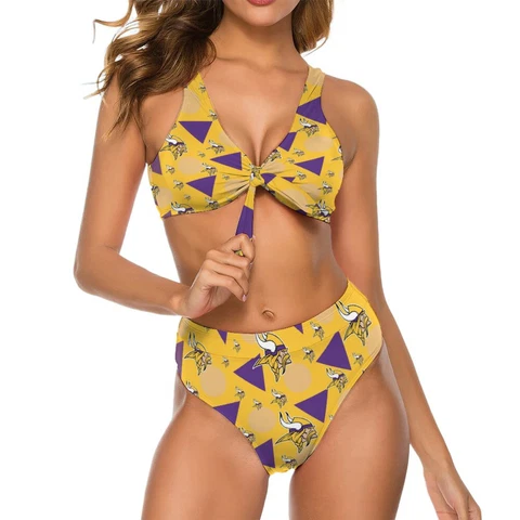 2pcs Minnesota Vikings Womens Bow Tie Bikini Printed Swimsuit, with Chest Pad Cover