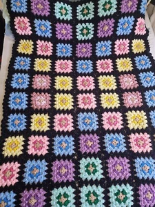 VTG Handmade Crocheted Afghan Blanket Square Design Grannycore 68" By 51" - Picture 1 of 13