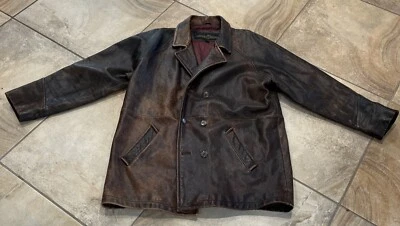Vintage Structure Men Large Brown Distressed Leather Mid Length Jacket  - Image 1 of 4