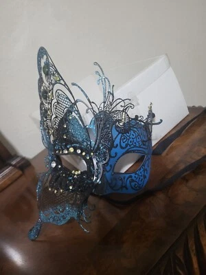 Masquerade Mask for Women Turquoise Blue Black Mask Rhinestone Ball Room  - Image 1 of 4