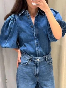 Camisa para mujer Street Denim blusa plisada lisa abullonada media manga pecho único - Imagen 1 de 17