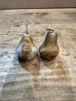 Vintage Polished Stone Pears Colorful Fruit Hand Carved Applied Bronze Stems Set - Image 1 of 4