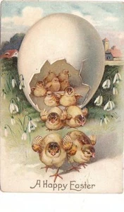 Postal Feliz Pascua Muchos pollitos saliendo del huevo - Imagen 1 de 1