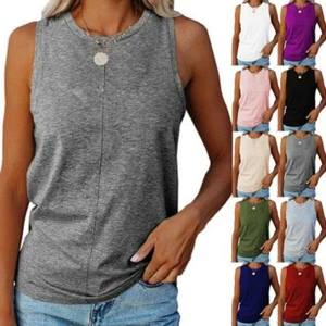 Womens Summer O Neck Sleeveless Top Casual Loose Blouse Solid Beach T Shirt Tank - Picture 1 of 22