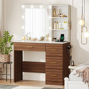 Vanity Desk With Mirror 10 LED Lights Makeup Vanity Dressing Table Power Outlet - Picture 1 of 12