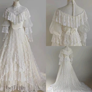 Vintage Boho Wedding Dresses V-Neck Tiered Lace Ruffle Sweep Train Bridal Gowns - Picture 1 of 15