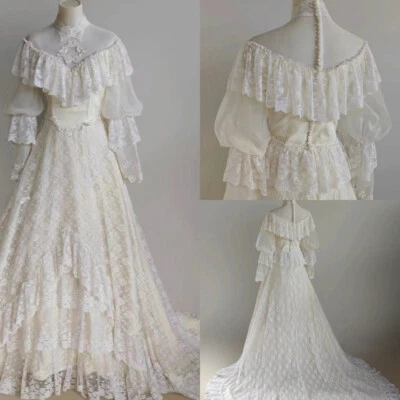 Vintage Boho Wedding Dresses V-Neck Tiered Lace Ruffle Sweep Train Bridal Gowns - Image 1 of 4