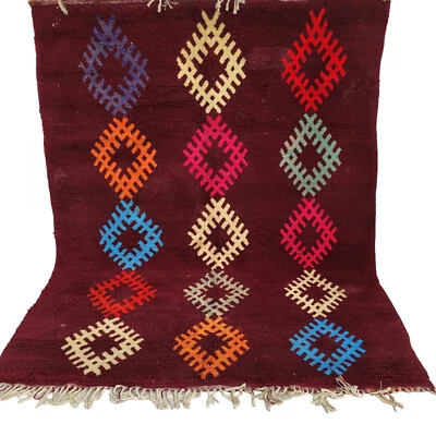 Moroccan Handmade Pulsh Rug Pink Blue Orange Yellow Diamand Berber Fringe Carpet - Image 1 of 4