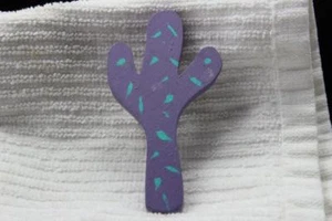 Vintage Wood Painted Cactus Brooch Southwestern Cute Novelty Purple 3 1/4" - Picture 1 of 2