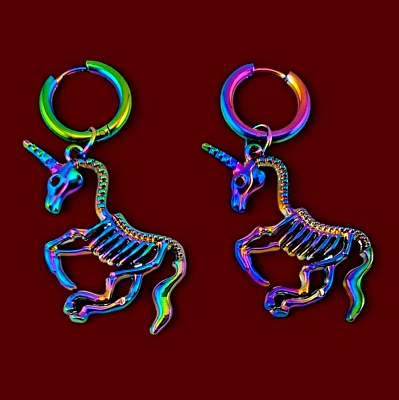 PENDIENTES ESQUELETOS UNICORNIO RAMPANTE colgante arco iris anodizado pulido al aceite y aro E5 Foto 1 de 4