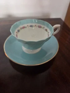 Mid-Century Annesley Cup & Saucer - Turquoise Floral Gold Accent - Perfect Cond. - Picture 1 of 8