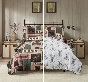 Lodge Bear Quilt Set 3 pc King Size Quilt Set Rustic Bedspread Coverlet Set - Picture 1 of 10