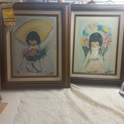 2 pinturas al óleo vintage Ettore "Ted" DeGrazia "Flower Girl" "Flower Boy" 1980 Foto 1 de 4