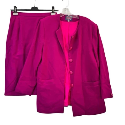 复古 JG 钩 12 码西装裙套装羊毛 2 件套内衬粉色 — 第 1/4 张图片