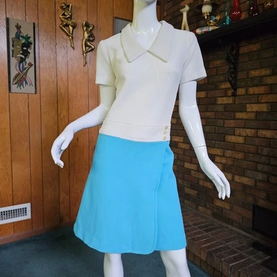 Mini Vestido Envolvente Imitación Vintage Años 60 Mod Aqua Colorblock Cuello Daga Cintura Caída M Foto 1 de 4