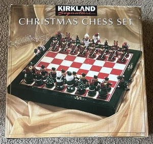 KIRKLAND Signature Wooden Christmas Chess Set Costco Hand Painted Wood With Box - Picture 1 of 11