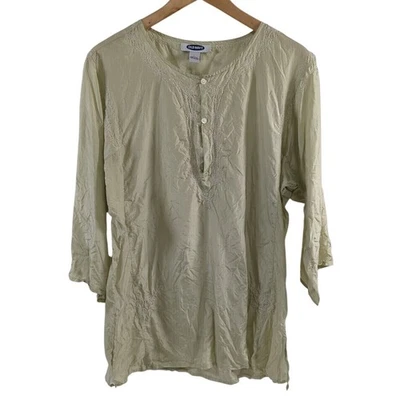 Old Navy Womens 100% Silk Embroidered Tunic Blouse Sz L Lime Green Indian Boho Foto 1 de 4
