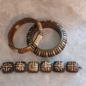 Vintage Boho Messing Silber Stein Neutral Grob Statement Tribal 3 Armband Set - Bild 1 von 5