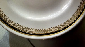 Vintage Mayer China RARE Set 4 Plates 9.75" - Gold Black Border Lace or Crosses? - Picture 1 of 5