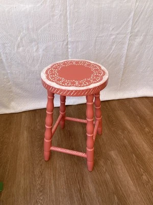 Painted Wooden Stool / Plant Stand / Side Table Coral White Stencil Cottagecore - Image 1 of 4