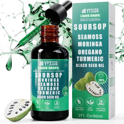 Guanábana Graviola Gotas Líquidas Suplemento con Musgo Marino Moringa Cúrcuma Negro Foto 1 de 4