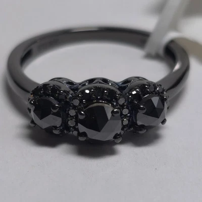 STS Black Diamond (IR) Trilogy Halo Black Rhodium Plated 925 Silver Ring Size 9 - Image 1 of 4