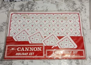 VTG Cannon Holiday 8 Pc Table Set Christmas Placement & Coaster Hearts Holly PVC - Picture 1 of 5